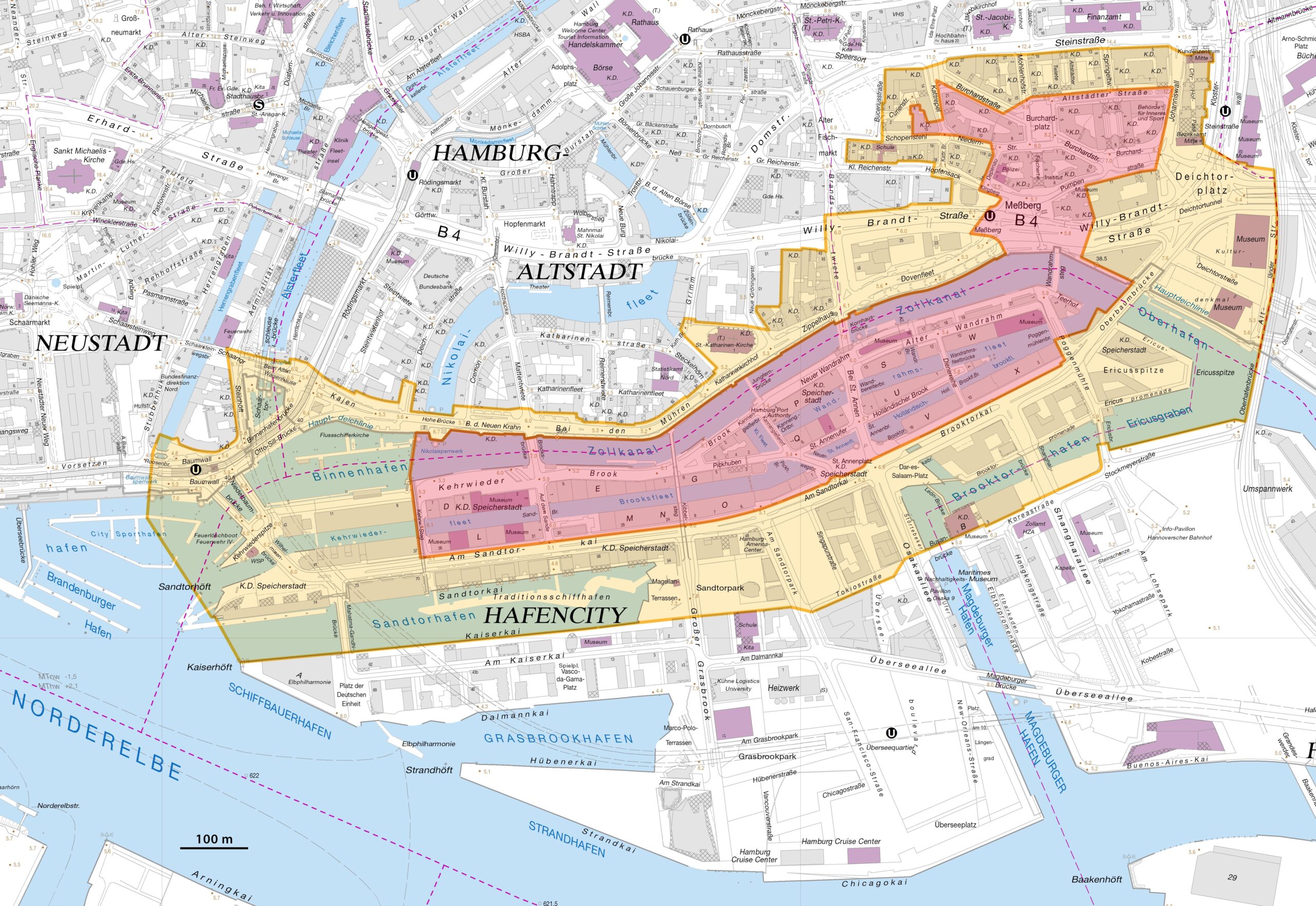 Karte des UNESCO-Weltkulturerbes „Speicherstadt und Kontorhausviertel mit Chilehaus“ in Hamburg Stand 2015